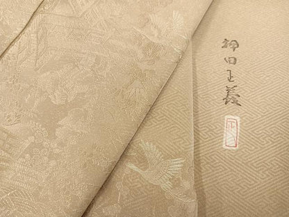 平和屋着物●本加賀友禅作家 押田正義監修 色留訪問着 群れ鶴風景草花文 色無地 枯色 正絹 逸品 未使用 AABD3969ph