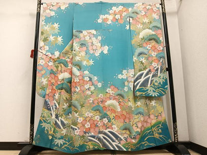 平和屋着物●豪華振袖 友禅 作家物 駒刺繍 草花文 暈し染め 金彩 正絹 逸品 AABD3981ph