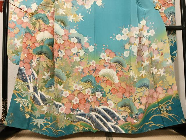 平和屋着物●豪華振袖 友禅 作家物 駒刺繍 草花文 暈し染め 金彩 正絹 逸品 AABD3981ph