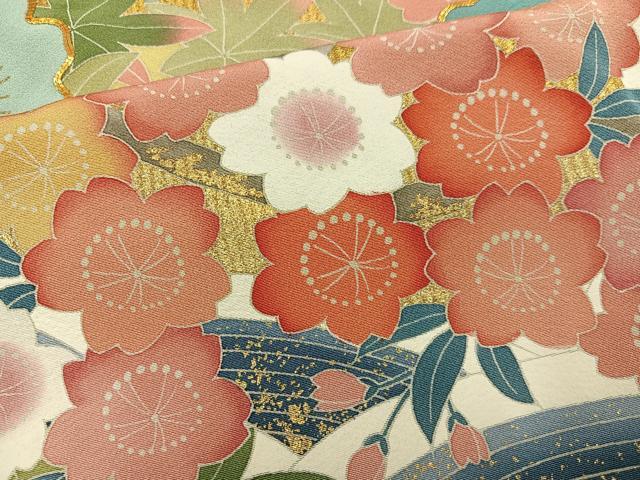 平和屋着物●豪華振袖 友禅 作家物 駒刺繍 草花文 暈し染め 金彩 正絹 逸品 AABD3981ph