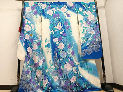 平和屋着物●ブライダルファッションデザイナー・桂由美　振袖　花蝶文　銀彩　正絹　逸品　AABD3984ph
