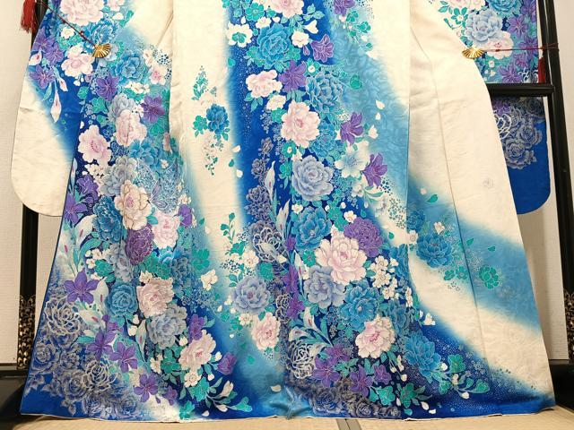 平和屋着物●ブライダルファッションデザイナー・桂由美　振袖　花蝶文　銀彩　正絹　逸品　AABD3984ph