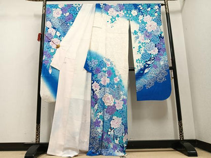 平和屋着物●ブライダルファッションデザイナー・桂由美　振袖　花蝶文　銀彩　正絹　逸品　AABD3984ph