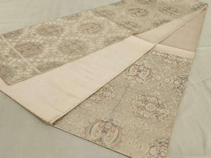 平和屋着物◎六通柄袋帯　唐織　双鳥花丸文　銀糸　正絹　逸品　AABD4266ou
