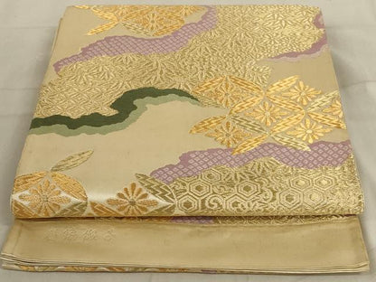 平和屋着物◎六通柄袋帯　慶繍緞子　道長七宝花文　金糸　正絹　逸品　AABD4270ou