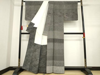 平和屋着物●訪問着　横段花文　黒地　正絹　逸品　AABD4345ck