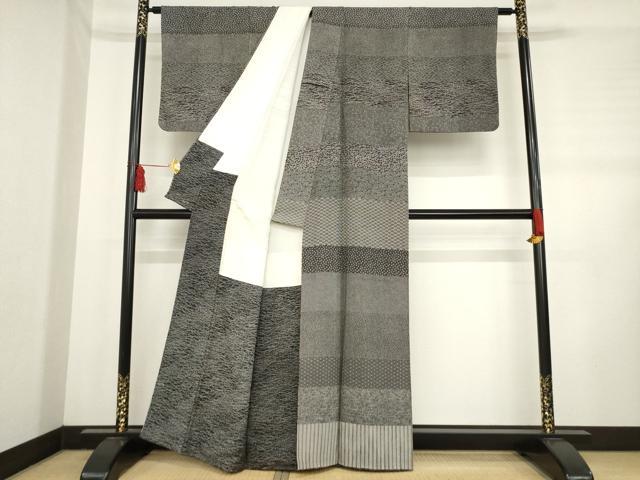 平和屋着物●訪問着　横段花文　黒地　正絹　逸品　AABD4345ck