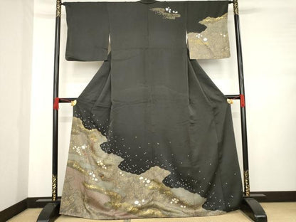 平和屋着物●訪問着 駒刺繍 絞り 道長花蝶文 金彩 正絹 逸品 AABD4351ck