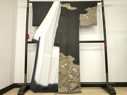 平和屋着物●訪問着 駒刺繍 絞り 道長花蝶文 金彩 正絹 逸品 AABD4351ck