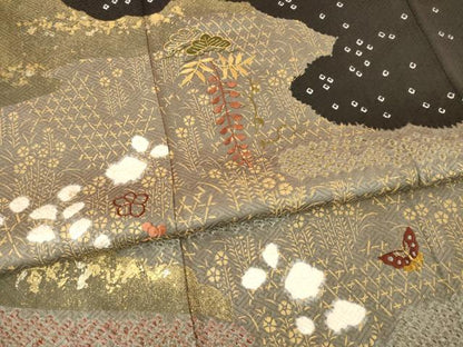 平和屋着物●訪問着 駒刺繍 絞り 道長花蝶文 金彩 正絹 逸品 AABD4351ck