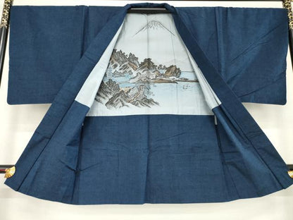 平和屋着物●男性　紬　アンサンブル　藍鉄色　正絹　逸品　AABD4366ck