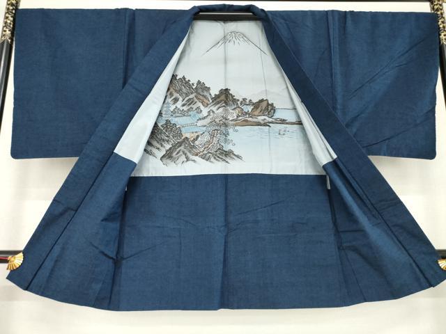 平和屋着物●男性　紬　アンサンブル　藍鉄色　正絹　逸品　AABD4366ck