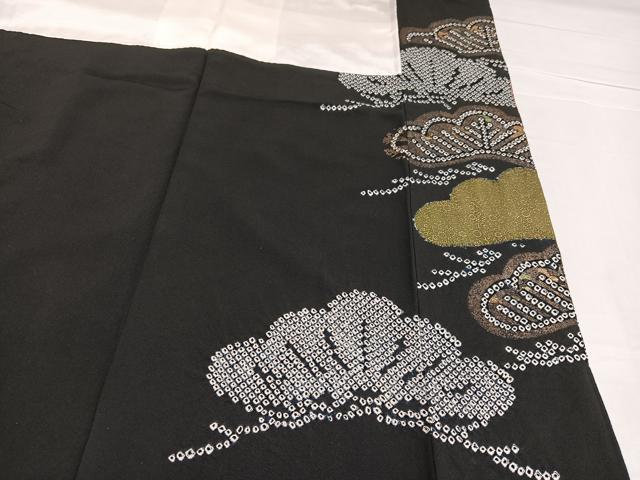 平和屋着物●豪華振袖 駒刺繍 絞り 群れ鶴丸文 黒地 金彩 正絹 逸品 AABD4407ph