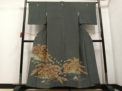 平和屋着物●豪華色留袖 友禅 刺繍 群れ鳥草木文 鬼しぼ縮緬 正絹 逸品 AABD4428ph
