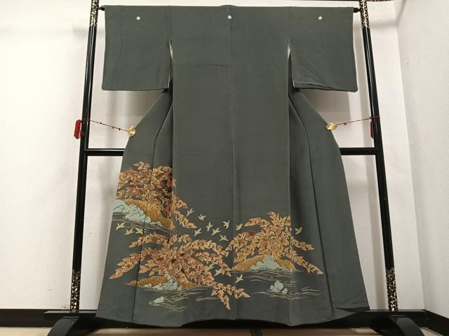 平和屋着物●豪華色留袖 友禅 刺繍 群れ鳥草木文 鬼しぼ縮緬 正絹 逸品 AABD4428ph