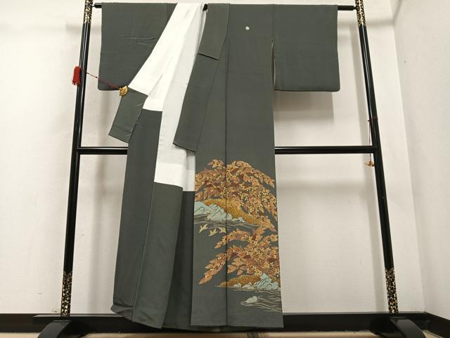 平和屋着物●豪華色留袖 友禅 刺繍 群れ鳥草木文 鬼しぼ縮緬 正絹 逸品 AABD4428ph