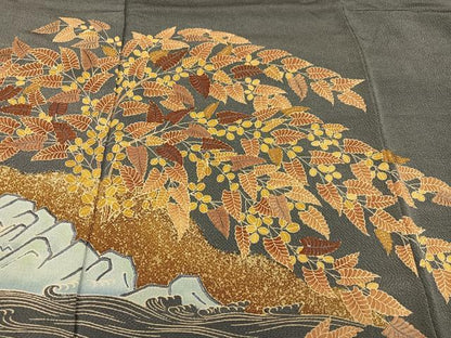 平和屋着物●豪華色留袖 友禅 刺繍 群れ鳥草木文 鬼しぼ縮緬 正絹 逸品 AABD4428ph