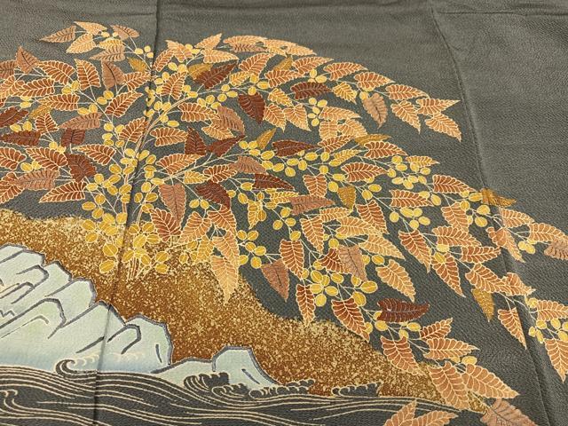 平和屋着物●豪華色留袖 友禅 刺繍 群れ鳥草木文 鬼しぼ縮緬 正絹 逸品 AABD4428ph