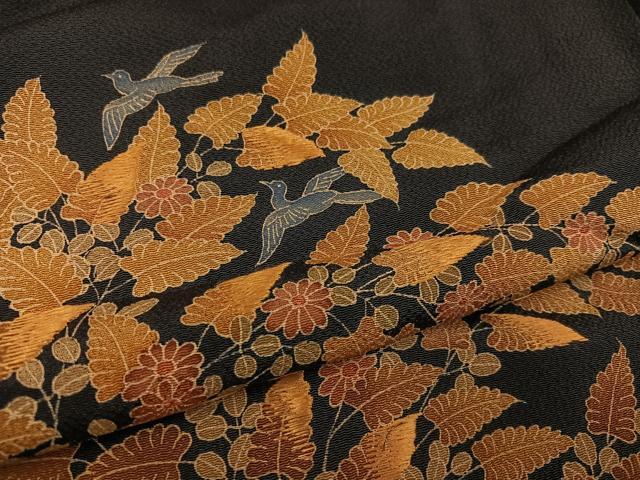 平和屋着物●豪華黒留袖 刺繍 花鳥文 鬼しぼ縮緬 正絹 逸品 AABD4433ph