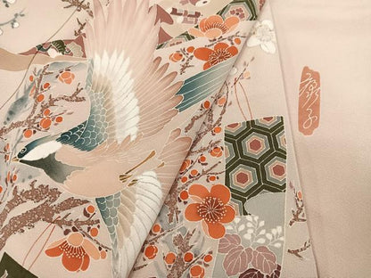 平和屋着物●訪問着 作家物 群れ鶴花鳥文 正絹 逸品 AABD4474ph
