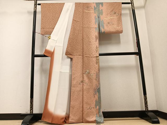 平和屋着物●訪問着　刺繍　亀甲草花文　金彩　正絹　逸品　AABD4476ph