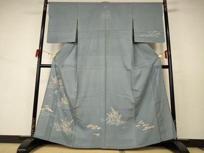 平和屋着物＊夏物 訪問着 絽 駒刺繍 立波草葉文 銀彩 正絹 逸品 AABD4495jd