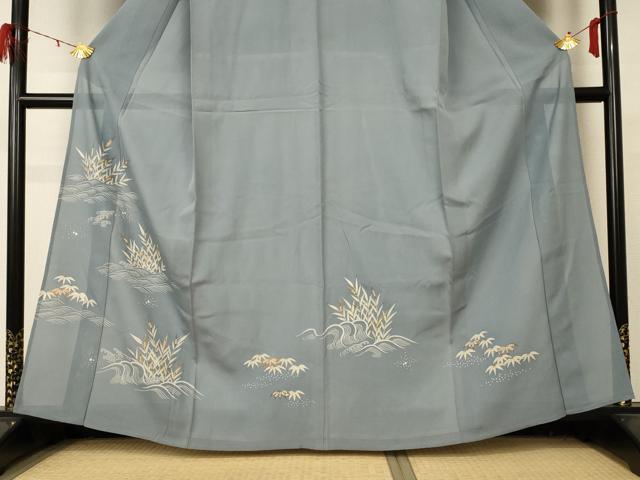 平和屋着物＊夏物 訪問着 絽 駒刺繍 立波草葉文 銀彩 正絹 逸品 AABD4495jd