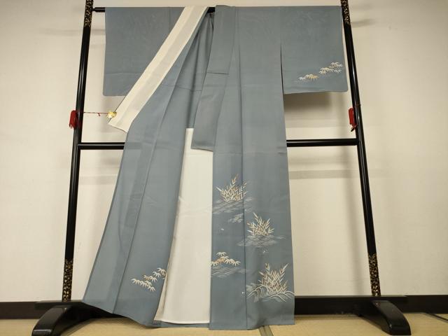 平和屋着物＊夏物 訪問着 絽 駒刺繍 立波草葉文 銀彩 正絹 逸品 AABD4495jd