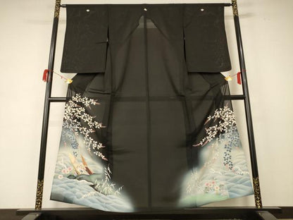 平和屋着物＊夏物 アンティーク 大正ロマン 黒留袖 絽 風景草花文 暈し染め 金彩 両褄 正絹 逸品 AABD4530jd