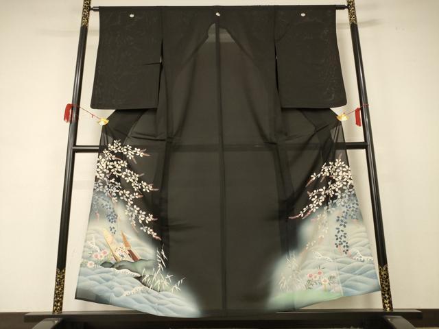 平和屋着物＊夏物 アンティーク 大正ロマン 黒留袖 絽 風景草花文 暈し染め 金彩 両褄 正絹 逸品 AABD4530jd