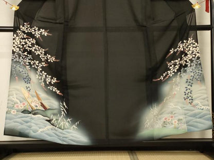 平和屋着物＊夏物 アンティーク 大正ロマン 黒留袖 絽 風景草花文 暈し染め 金彩 両褄 正絹 逸品 AABD4530jd