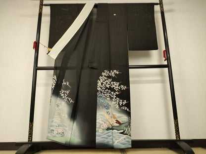 平和屋着物＊夏物 アンティーク 大正ロマン 黒留袖 絽 風景草花文 暈し染め 金彩 両褄 正絹 逸品 AABD4530jd