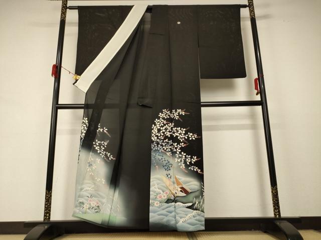 平和屋着物＊夏物 アンティーク 大正ロマン 黒留袖 絽 風景草花文 暈し染め 金彩 両褄 正絹 逸品 AABD4530jd