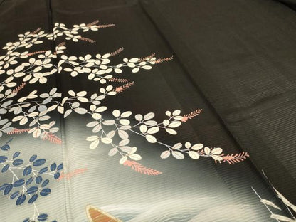 平和屋着物＊夏物 アンティーク 大正ロマン 黒留袖 絽 風景草花文 暈し染め 金彩 両褄 正絹 逸品 AABD4530jd