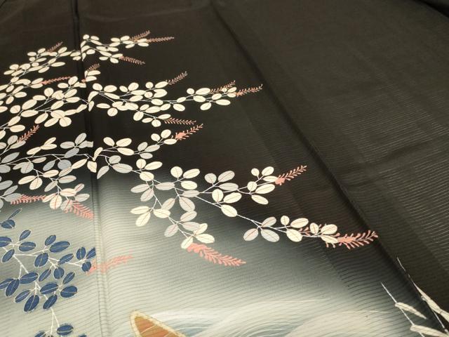平和屋着物＊夏物 アンティーク 大正ロマン 黒留袖 絽 風景草花文 暈し染め 金彩 両褄 正絹 逸品 AABD4530jd