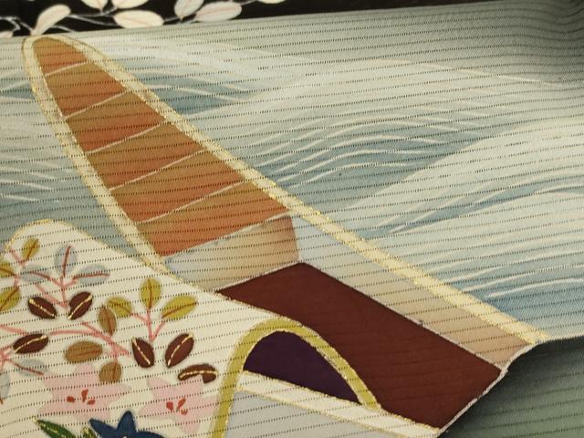 平和屋着物＊夏物 アンティーク 大正ロマン 黒留袖 絽 風景草花文 暈し染め 金彩 両褄 正絹 逸品 AABD4530jd
