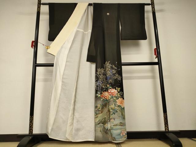 平和屋着物＊夏物　黒留袖　絽　刺繍　流水草花文　銀彩　正絹　逸品　AABD4531jd