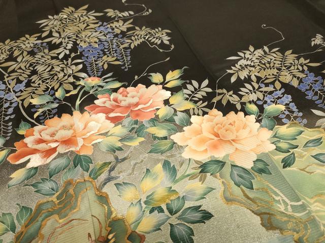 平和屋着物＊夏物　黒留袖　絽　刺繍　流水草花文　銀彩　正絹　逸品　AABD4531jd