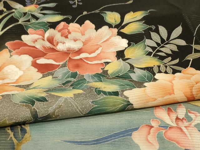 平和屋着物＊夏物　黒留袖　絽　刺繍　流水草花文　銀彩　正絹　逸品　AABD4531jd