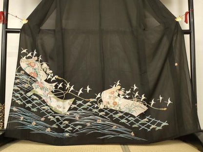 平和屋着物＊夏物　黒留袖　絽　作家物　花鳥文　正絹　逸品　AABD4537jd
