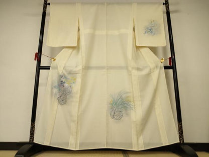 平和屋着物＊夏物 訪問着 縦絽 手描き 飾花文 銀彩 正絹 逸品 AABD4583jd