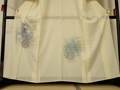 平和屋着物＊夏物 訪問着 縦絽 手描き 飾花文 銀彩 正絹 逸品 AABD4583jd