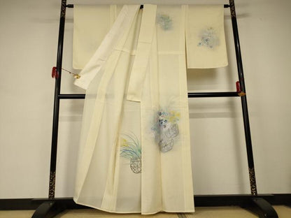 平和屋着物＊夏物 訪問着 縦絽 手描き 飾花文 銀彩 正絹 逸品 AABD4583jd