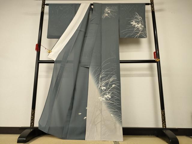 平和屋着物＊夏物　訪問着　絽　草花文　暈し染め　銀彩　正絹　逸品　AABD4589jd