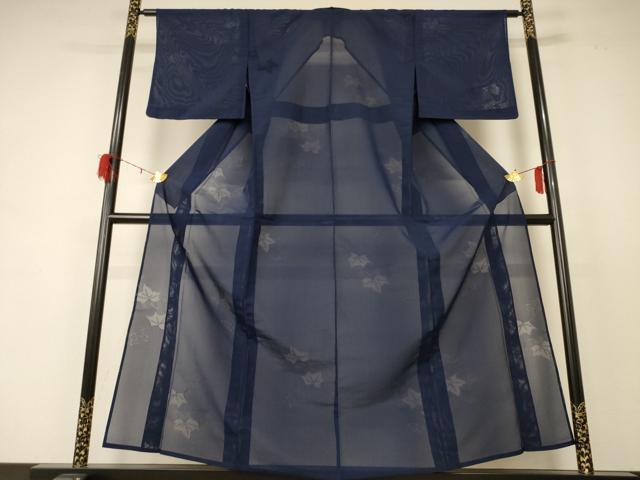 平和屋着物＊夏物　色無地　縦絽　舞葉紋紗　濃藍色　正絹　逸品　AABD4604jd 平和屋着物＊夏物 色無地 縦絽 舞葉紋紗 濃藍色