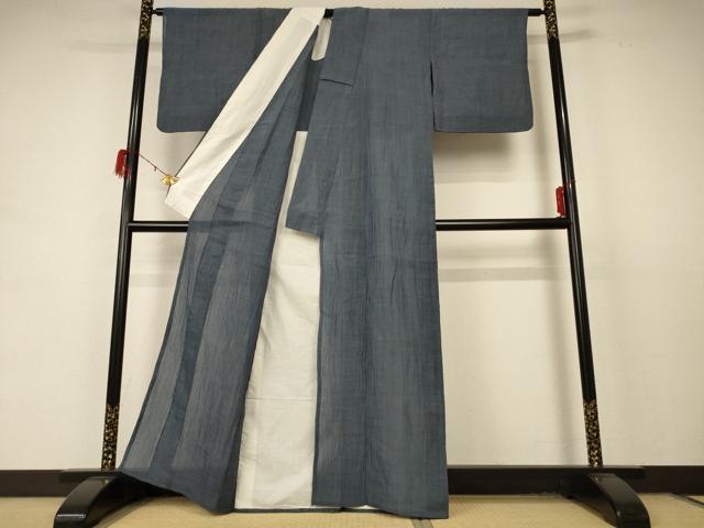 平和屋着物＊夏物　本場小千谷ちぢみ　錆鉄御納戸色　麻　逸品　AABD4633jd