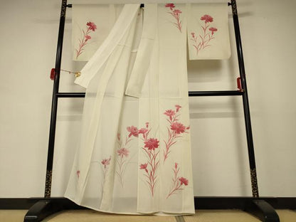 平和屋着物＊夏物　訪問着　絽　手描き　草花文　銀彩　正絹　逸品　AABD4660jd