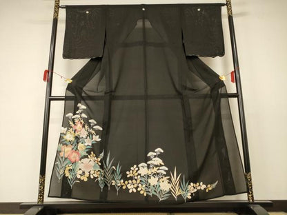平和屋着物＊夏物 黒留袖 絽 刺繍 草花文 金銀彩 正絹 逸品 AABD4669jd