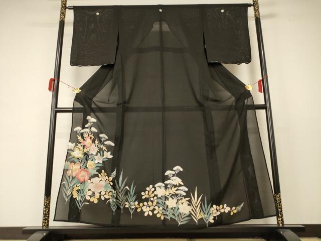 平和屋着物＊夏物 黒留袖 絽 刺繍 草花文 金銀彩 正絹 逸品 AABD4669jd