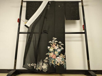 平和屋着物＊夏物 黒留袖 絽 刺繍 草花文 金銀彩 正絹 逸品 AABD4669jd